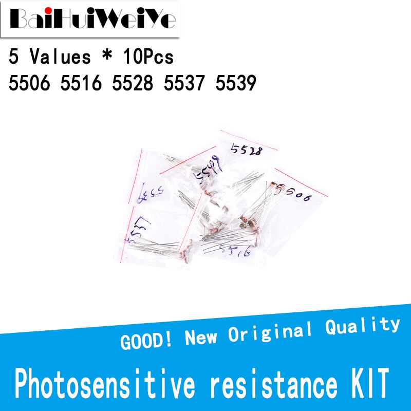 50PCS/LOT LDR Photo Light Sensitive Resistor Photoelectric Photoresistor Kit GL5506 GL5516 GL5528 GL5537 GL5539 5 Values * 10Pcs