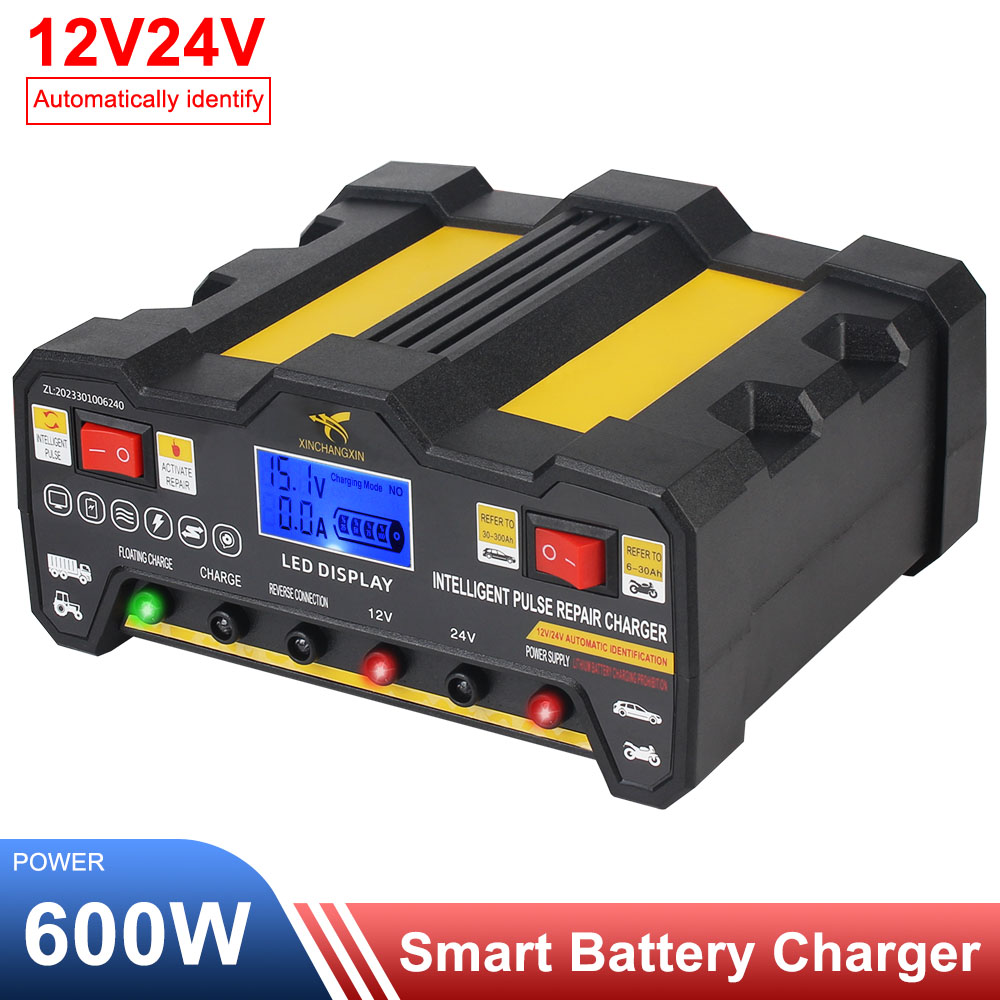 600W Auto-acculaders 12V 12A / 24V 9A Uitgang Snel opladen Intelligente automatische pulsreparatie Batterijlader US EU-stekker