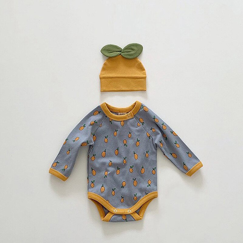 Babykleding herfst lange mouwen babyjongens driehoek romper babymeisje ananas muts bedrukte romper 2 stuks 3-24 maanden: Blauw / 3m