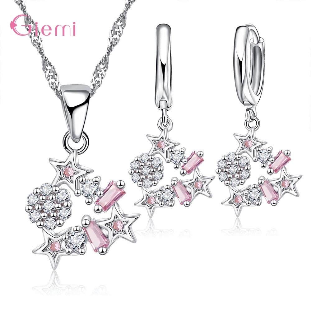 Trendy Stern Halskette Ohrring Set 925 Sterling Silber Cubic Zirkon Schmuck Sets Für Frauen Mädchen Partei Liefert: Pink