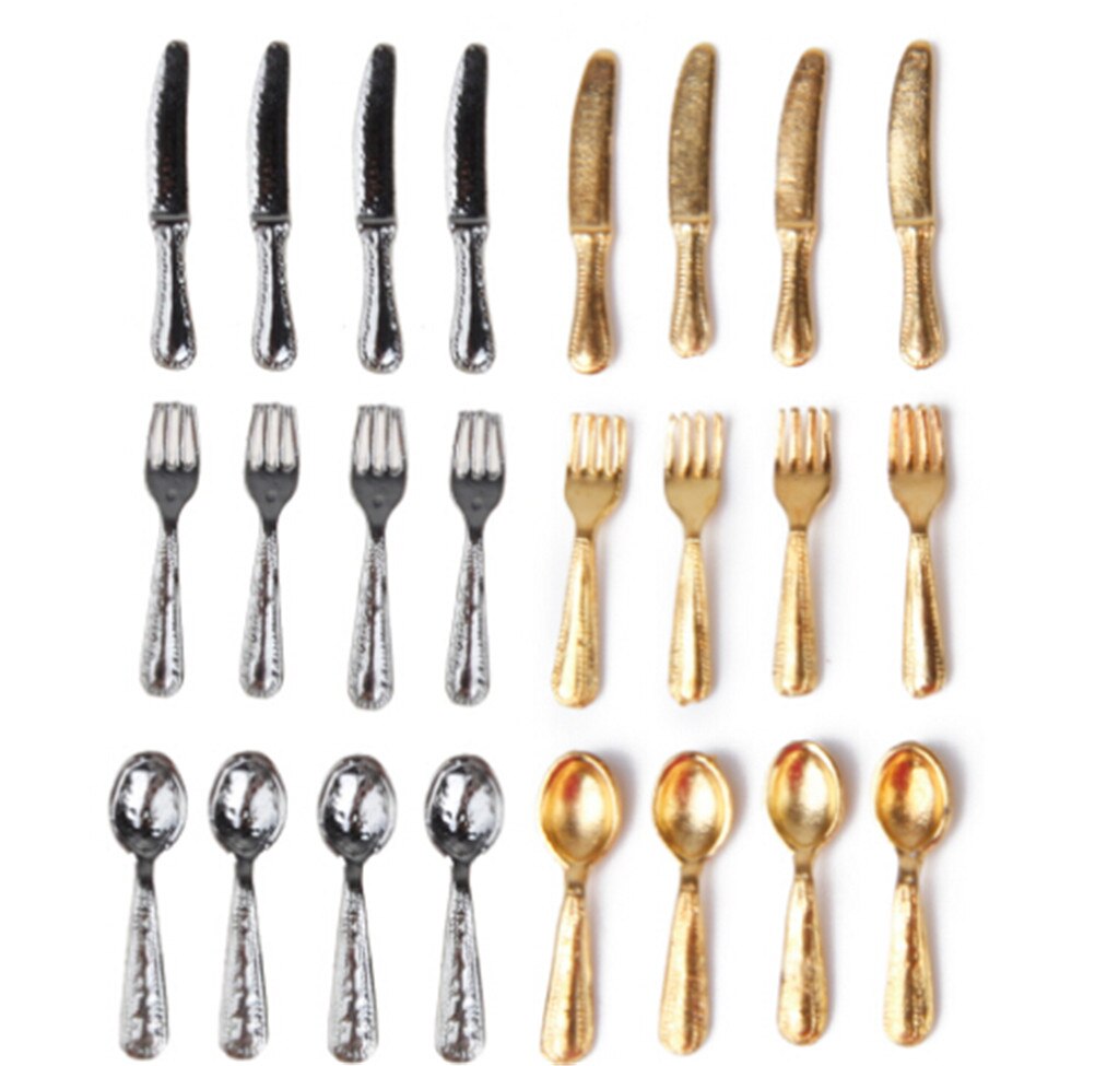 12Pcs 1/12 Dollhouse Miniature Stainless Steel Tableware Set knife spoon fork Classic Pretend Play Kitchen Furniture Toy