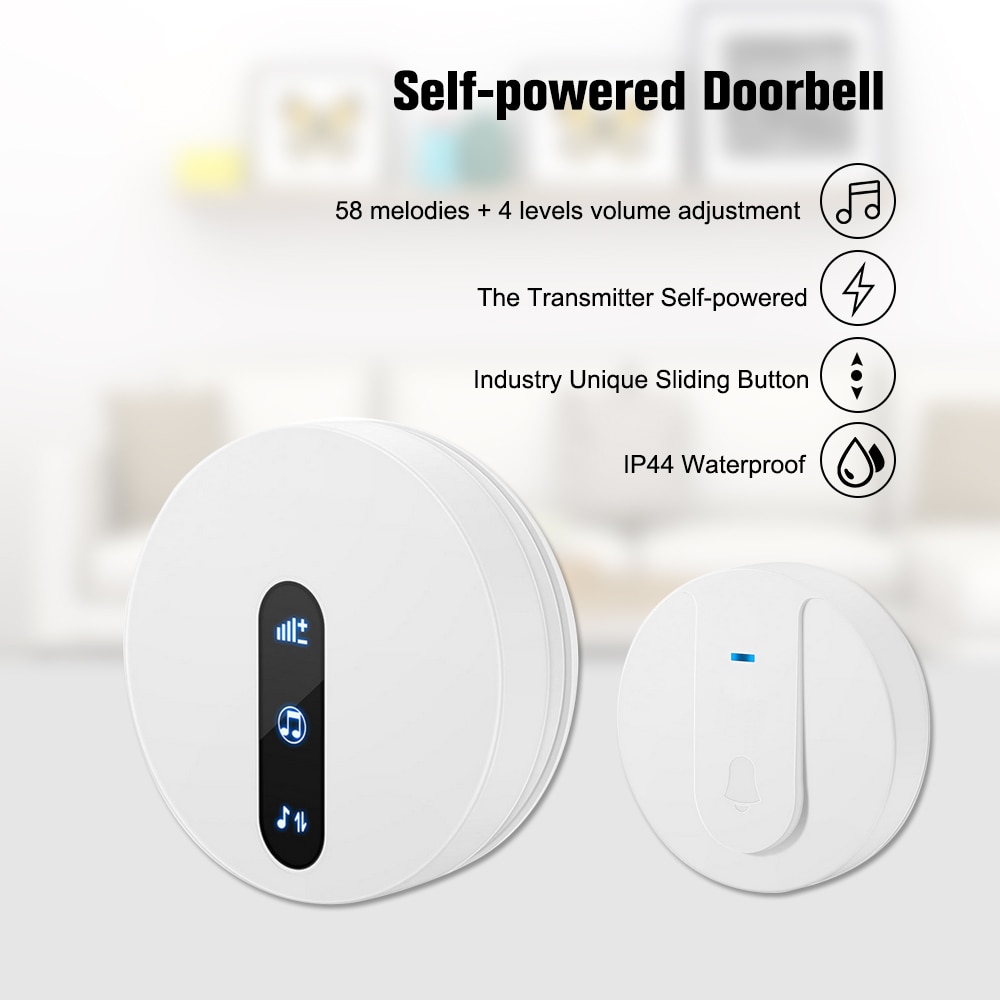 Wireless Self-powered Doorbell Transmitter Receiver Unique 58 Melodies 4 Levels Volume Adjustment Outdoor Waterproof Door Bell