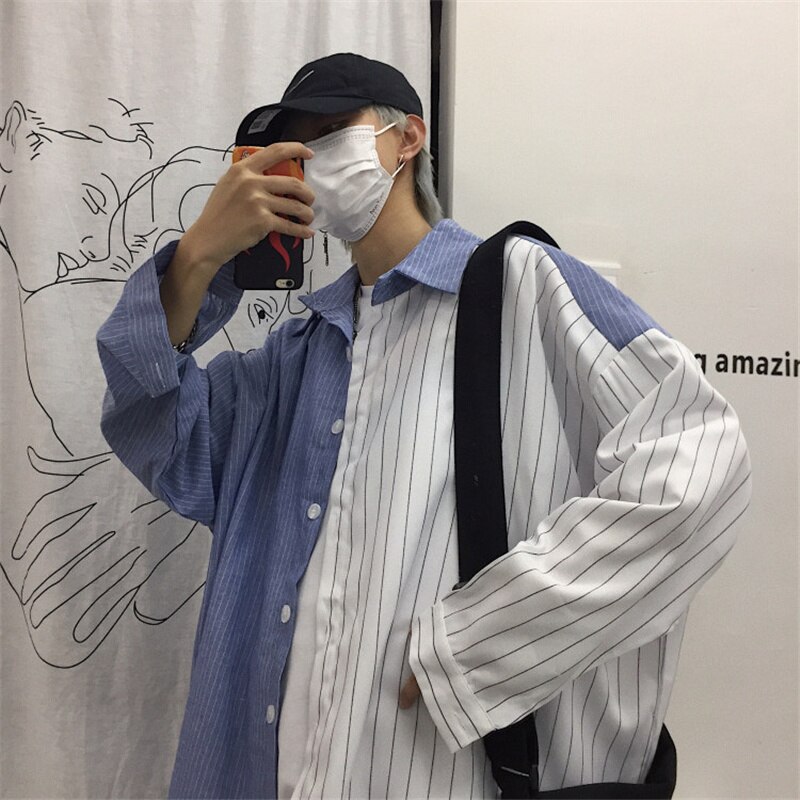 Mænd stribe patchwork oversize skjorte koreansk stil afslappet bluse unisex vintage punk hip hop plus size langærmede skjorter