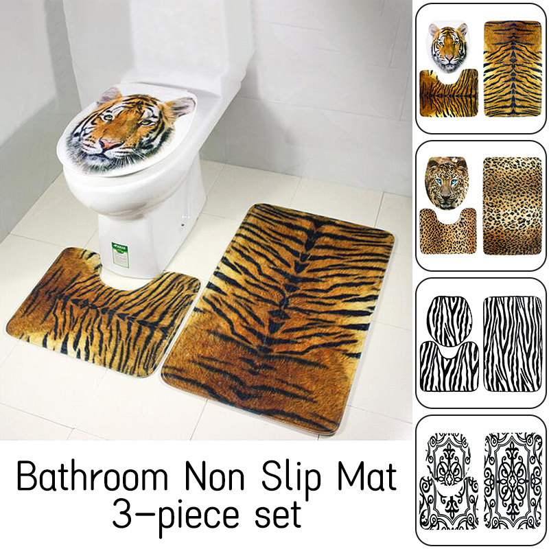 3 pcs Set Tiger Skin Leopard Print Bathroom Mat Set Toilet Cover Flannel Soft Seat Lid Cover Pedestal Rug Carpet