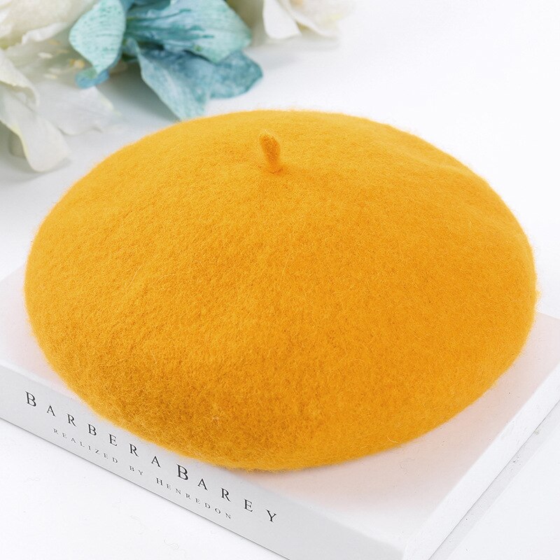 Women Wool Solid Color Beret Female Bonnet Caps Winter All Matched Warm Walking Hat Cap: Yellow
