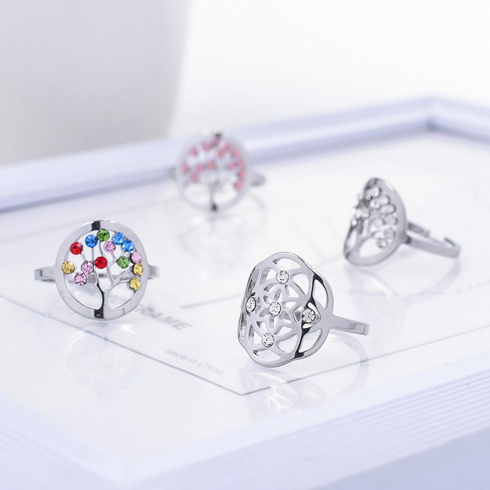 Bagues arbre de vie en acier inoxydable pour femmes, anneau à motif de cristal réglable, bijoux de fête de mariage pour filles, de Couple à la