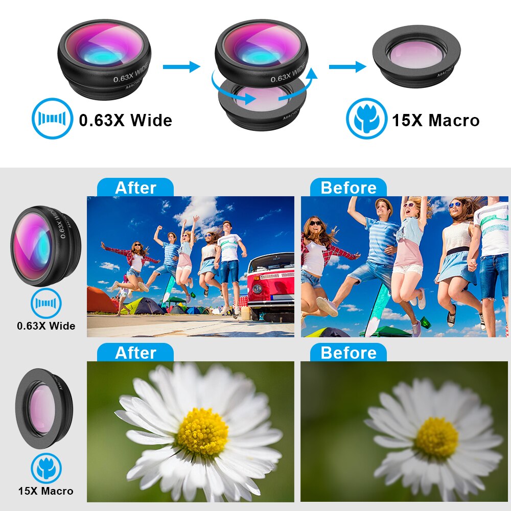 Apexel 15X Super Macro Lens Telefoon Camera 5 In 1 Universele 0.63x Fisheye Groothoek Telescoop Lens Met Cpl Voor alle Smartphones