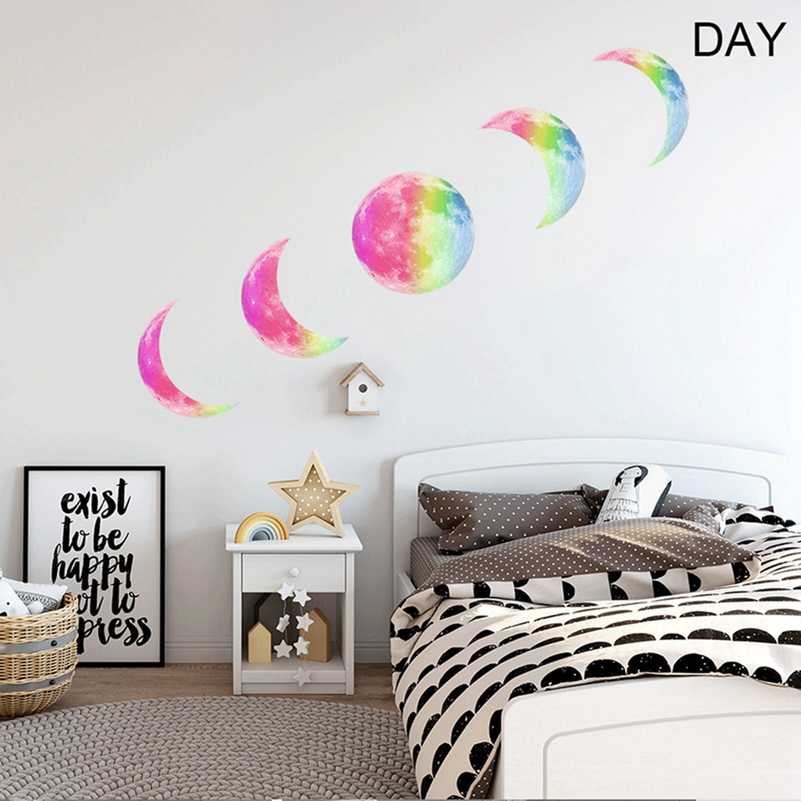 Glowing Stickers Beautiful Moon Phase Luminous Removable Adhesive Wall Decals for Ceiling Bedroom Decor