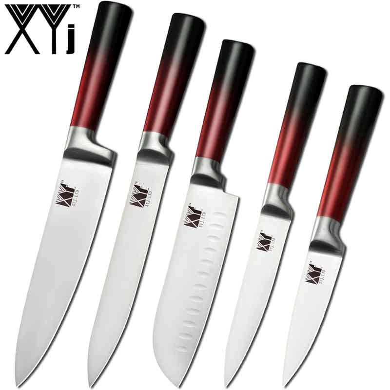 Xyj 9 stk rustfritt stål kniver sett kjøkken saks slipeverktøy bar kokk brød santoku skjæringe verktøy skrelle kniv: 5 stk sett