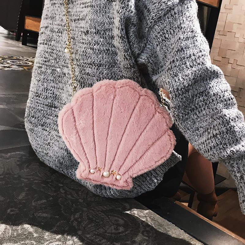 Lovely Seashells Shape Mini Crossbody Bag For Women Lady Girl PU Leather Plush Bag Chain Lolita Small Messenger Bags