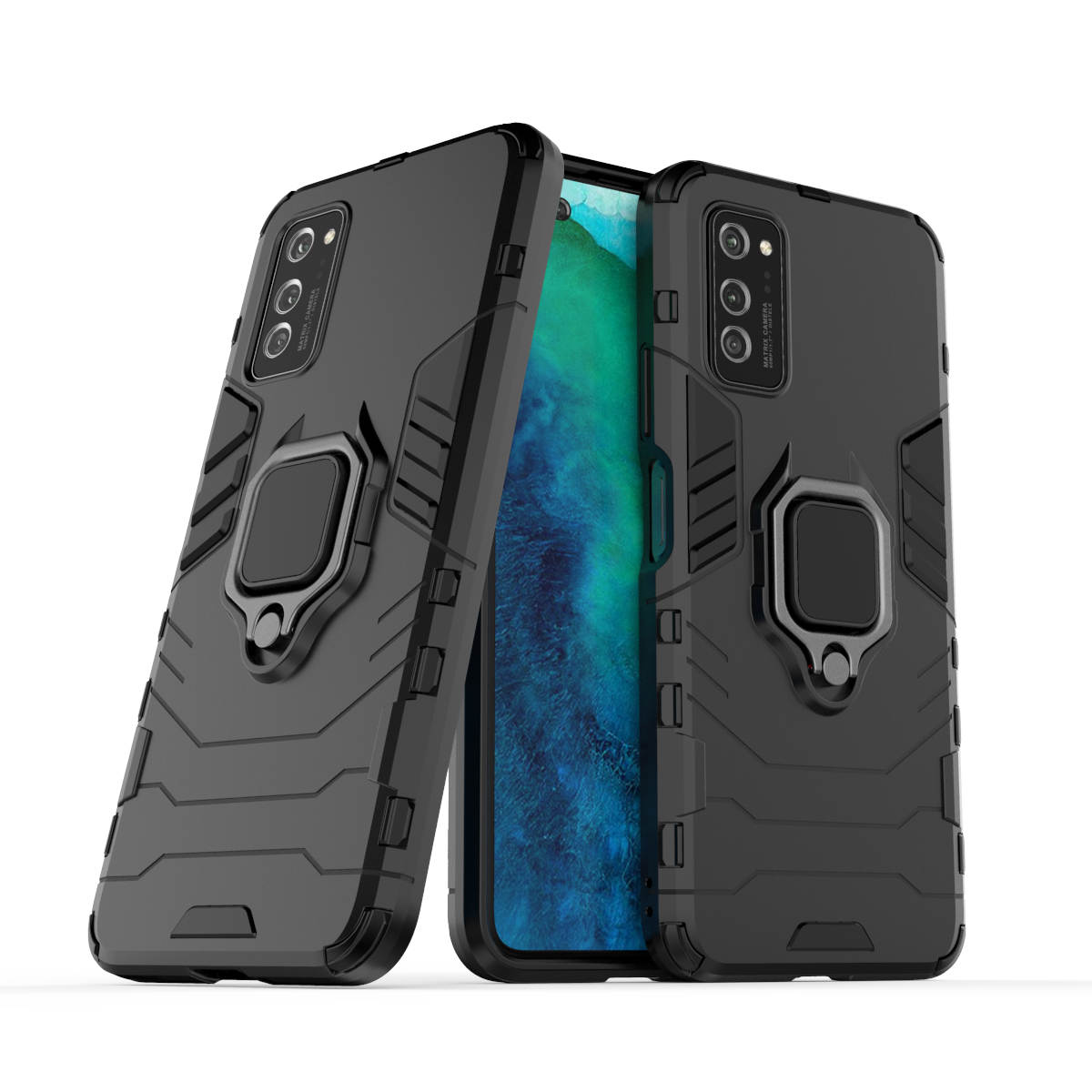 Funda de armadura a prueba de golpes para Honor Play, 9A, 8A, 6T, 5T, 4, 4T, 3, 3E Lite, V40, V30, V20, V10 Pro, 4G, 5G, soporte de anillo de Metal: PP / Negro