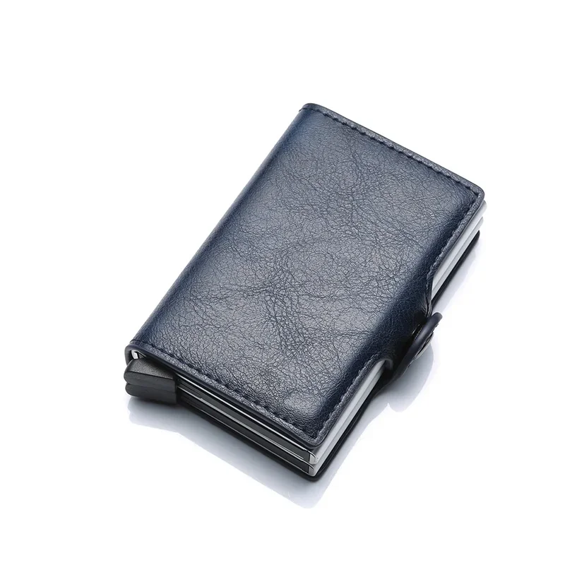 Tarjetero antirrobo para hombre, tarjetero con bloqueo Rfid doble, caja de aluminio de seguridad de cuero, monedero de Metal, tarjetero: Azul