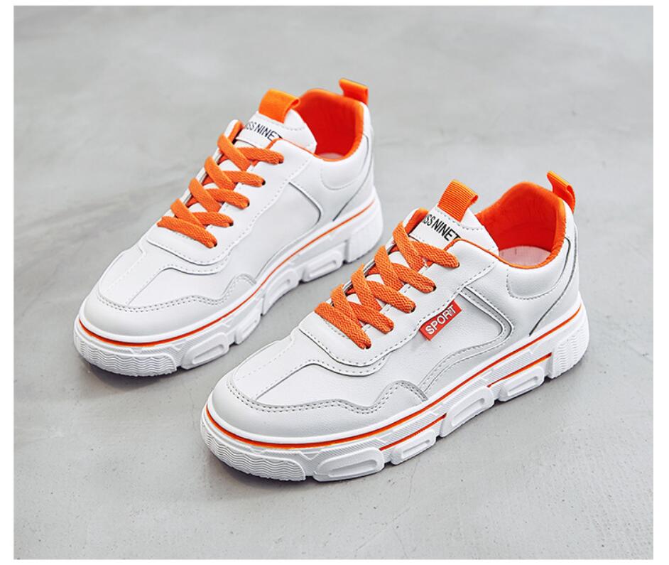 Vulkaniserede sko sneakers dame snøre lærred sko hvidt læder afslappet gang platform studetn slinge sko  ab521: Orange / 5