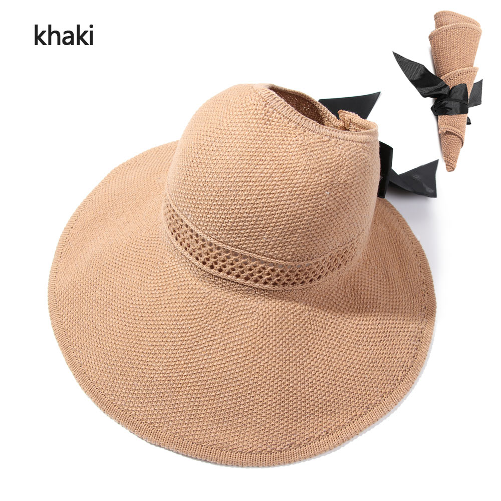 Cappello da spiaggia pieghevole portatile 2021 nuovo cappello da sole a tesa larga Bowknot visiera Casual estiva con cappuccio in paglia per cappello da donna con secchiello: khaki(62cm)