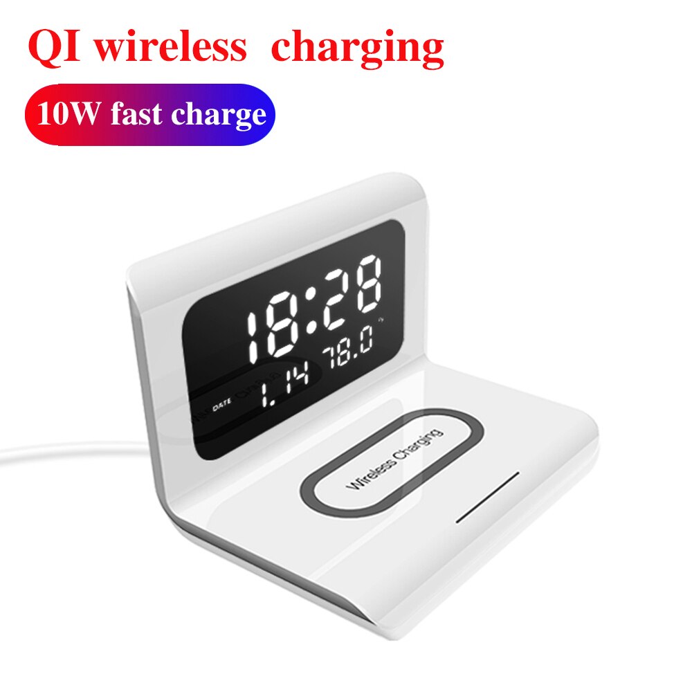Trådløs oplader digitalt vækkeur 10w qi hurtigopladningsplade desktop home decor termometer kalender til iphone samsung