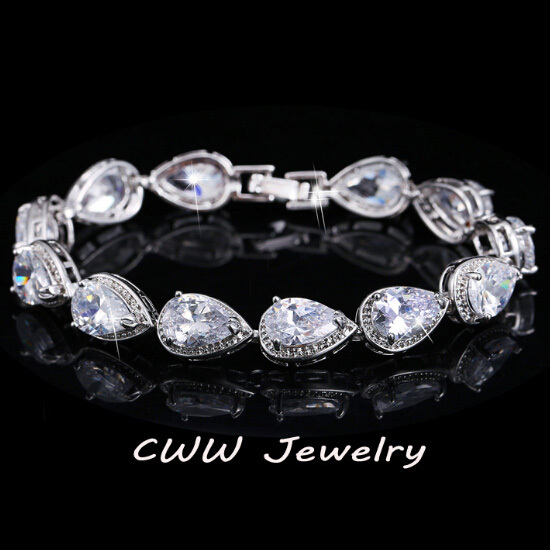 CWWZircons 2024, accesorios de para mujer, pulsera de piedra CZ con forma de gota de agua de circonia cúbica de lujo para joyería de boda nupcial CB135: Chapado en rodio