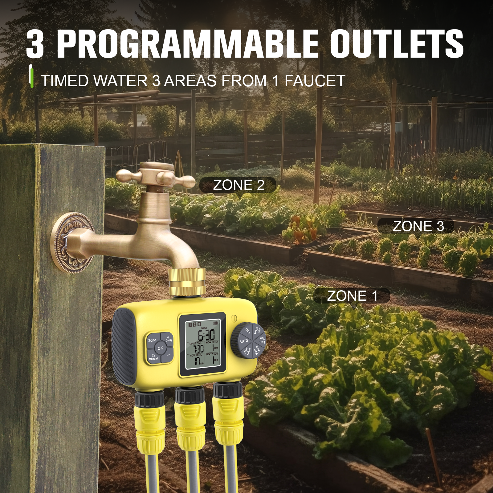 Insoma-temporizador de agua automático de 3 salidas, sistema de riego de jardín, herramientas programadoras de aspersores de Control independiente