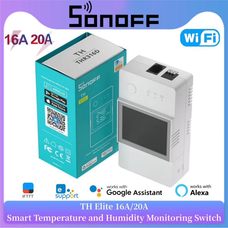 Sonoff th elite 16/20a wifi slimme temperatuur- en vochtigheidsregelaar met ewelink afstandsbediening, compatibel met alexa en google.