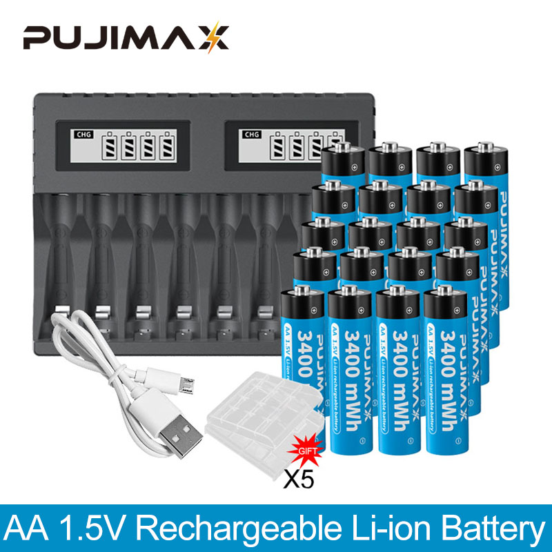 PUJIMAX 1.5V Rechargeable Lithium Battery 3400mWh Large Capacity Li-ion Battery With 8-slot 1.5V Li-ion Battery Charger