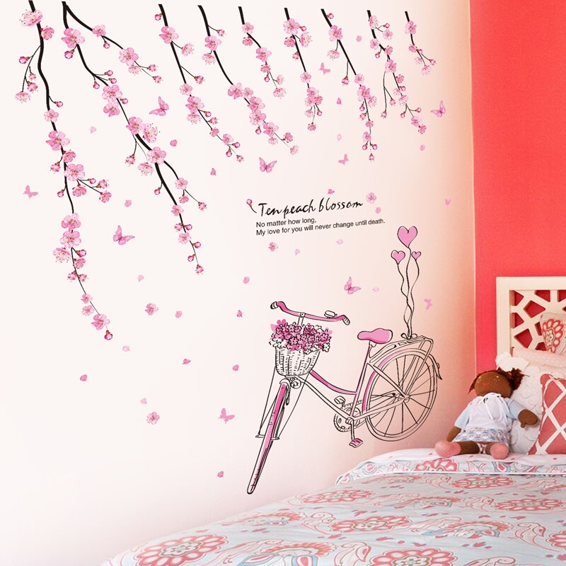 [shijuekongjian] körsbärsblommor cykelväggklistermärken diy tecknad flicka mura dekaler för hus vardagsrum barn sovrum dekoration