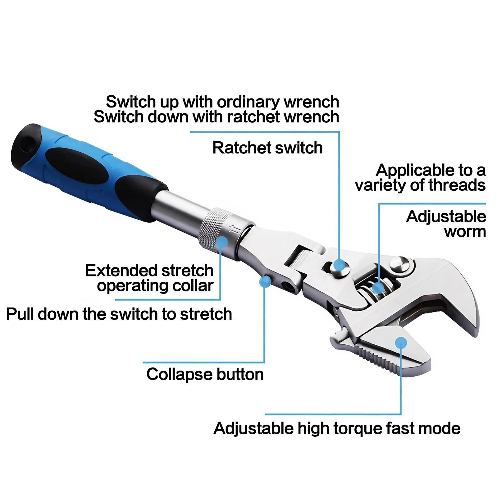 Llave de trinquete ajustable 5 en 1, herramienta de acero inoxidable con cabezal giratorio para fontaneros mecánicos, herramienta manual extensible resistente a la oxidación DIY