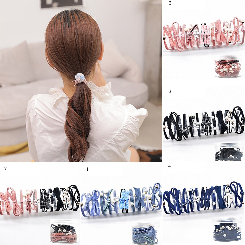 12Ps/Set Elastic Hair Bands For Hair Tie Blue Pink Women Girls Korean Flower Pearl Hair Bands Ponytail Holder Hair Accessories