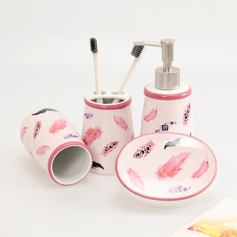 Ceramic Bathroom set Flamingo accessories 4pcs toilet brush toothbrush cup soap dish dispenser ORR