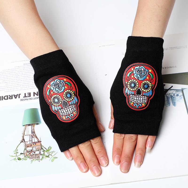 embroidered skull knitting gloves Fingerless Gloves: red