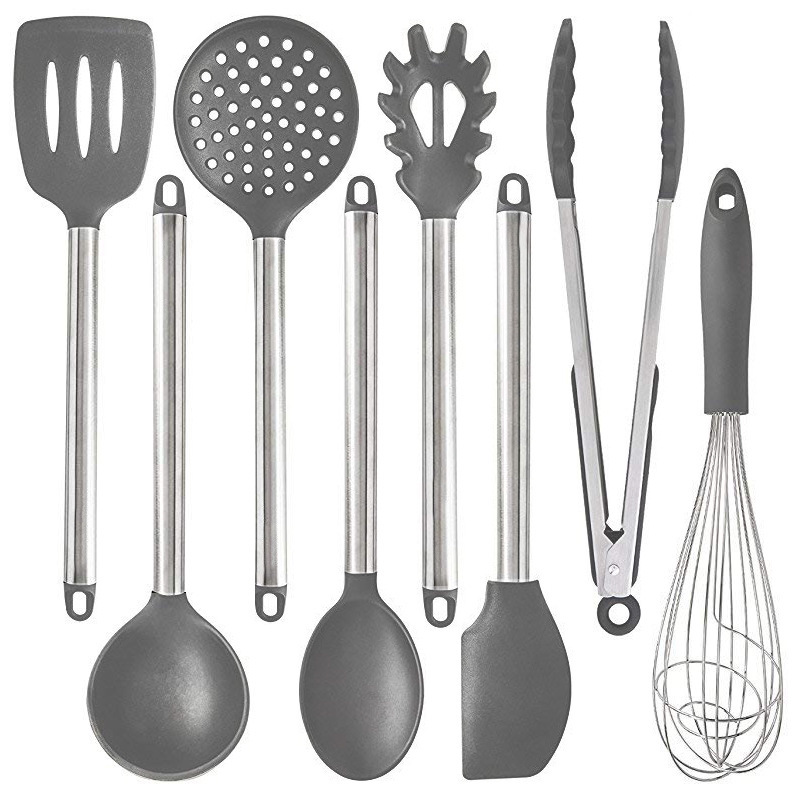 Silikon kjøkkenutstyr sett varmebestandig bakeredskap slikkepott spade suppeskje med trehåndtak non-stick kokekar: 8 stk grå
