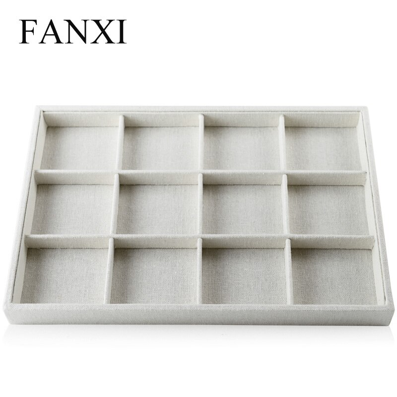 Fanxi træ smykker pakningsbakke med linned til smykker butiksdisk og vinduesbeige linned ringbakker