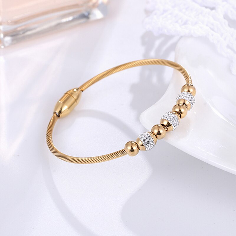 exquisit Drei Zirkon Perle Armreif Edelstahl Kabel Twist Draht Streifen Gold Farbe Frau Armbinde Geburtstag Jahrestag