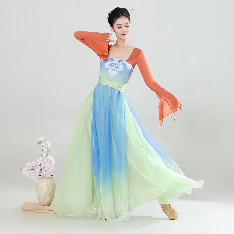 Vrouwen Klassieke Dans Kostuum Vloeiende Geleidelijke Pak Fee Praktijk Jurk Gaas Chinese Dans Optreden Podium Dagelijkse Danskleding: XL