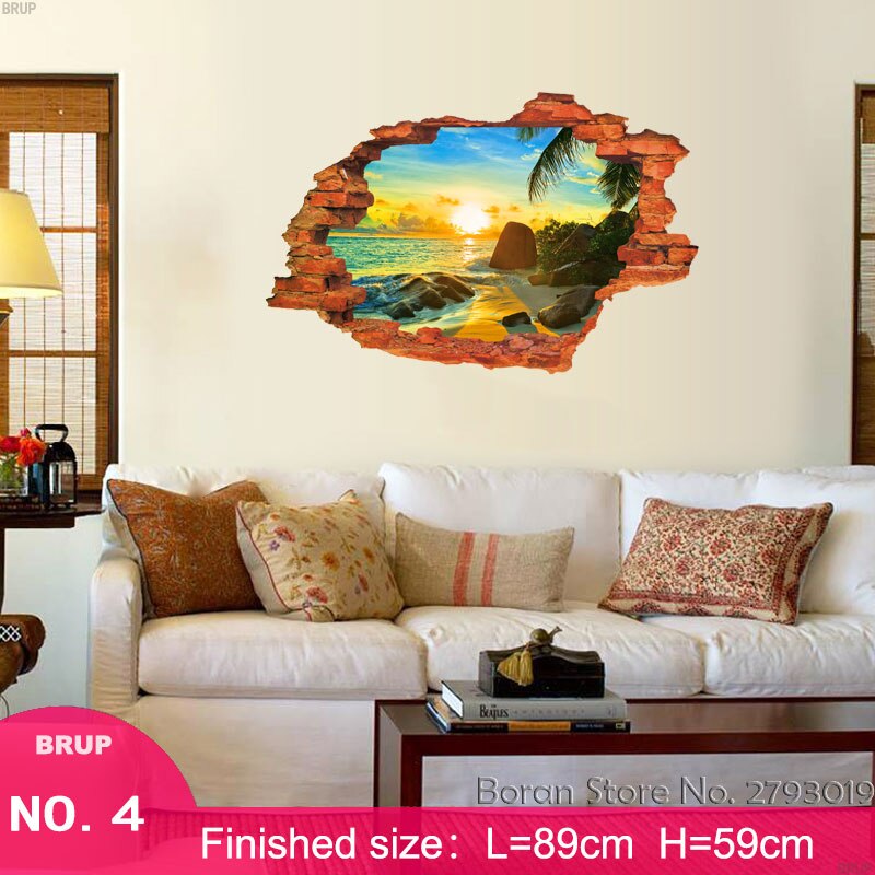 7 Kinds 89*59cm Nature landscape 3D Wall Stickers Hole View Art Landscape Wallpapers Beach Castle Tree Vinyl Mural Home Decor: 04