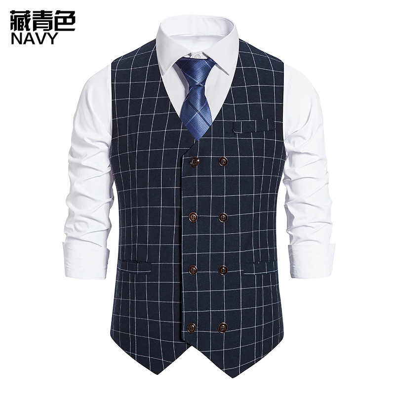 Men's Vests Fall European Code Men's Plaid Double-breasted Vest Suit Retro Waistcoat: Gray / XXL