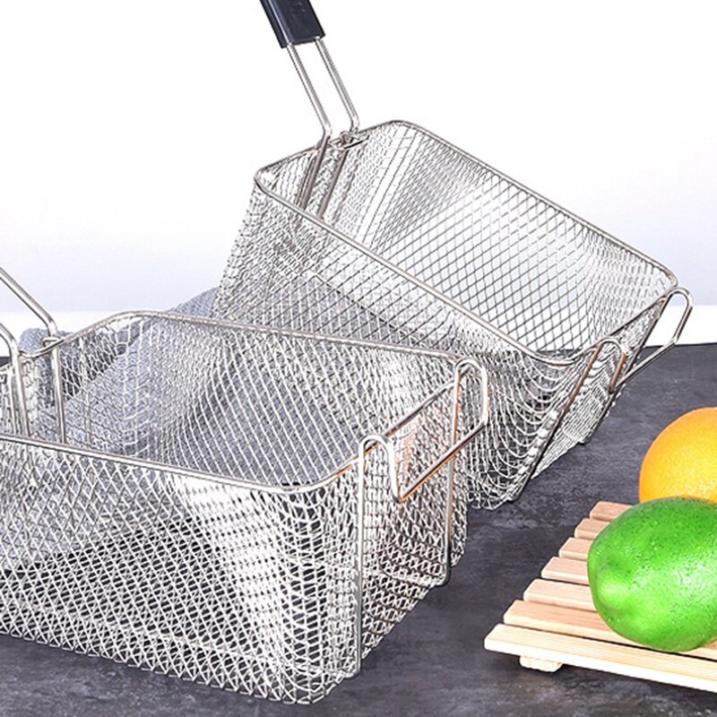 Rostfritt stål friterad korg rektangel trådnät sil med lång handtag stekning matlagning verktyg mat presentation porslin