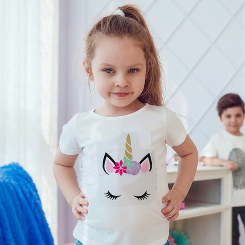 Meninas da criança Do Bebê T-Shirt Infantil Branco Unicórnio Fantasia Camisetas Menino Meninas Verão Algodão de Manga Curta Camisetas Crianças Tops Casuais