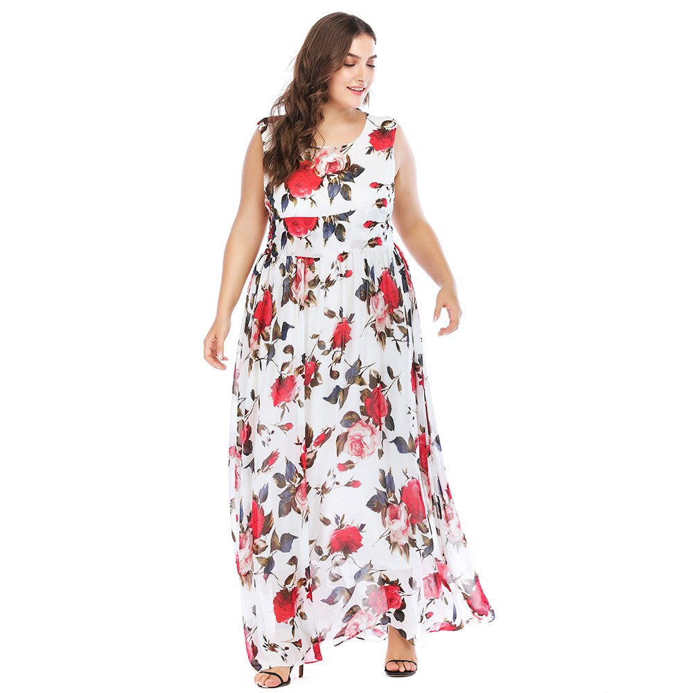 Tuhao efterårs maxi lange kjoler plus størrelse 5xl 4xl kjole kvinder ærmeløse kjoler med blomsterprint boheme strandkjole  cm81