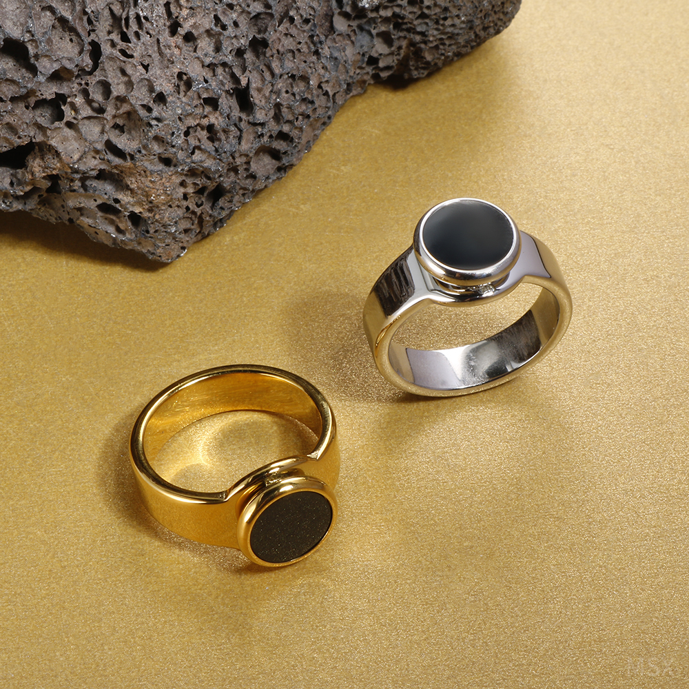 Punk Zwarte Steen Zegel Ring Textuur Metalen Ring Roestvrij Staal Glanzend Voor Vrouwen Man Liefhebbers Sieraden Cadeau