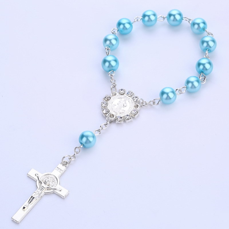 Kruis hanger rozenkrans armband Katholieke bruiloft rozenkrans katholieke cross: Light blue