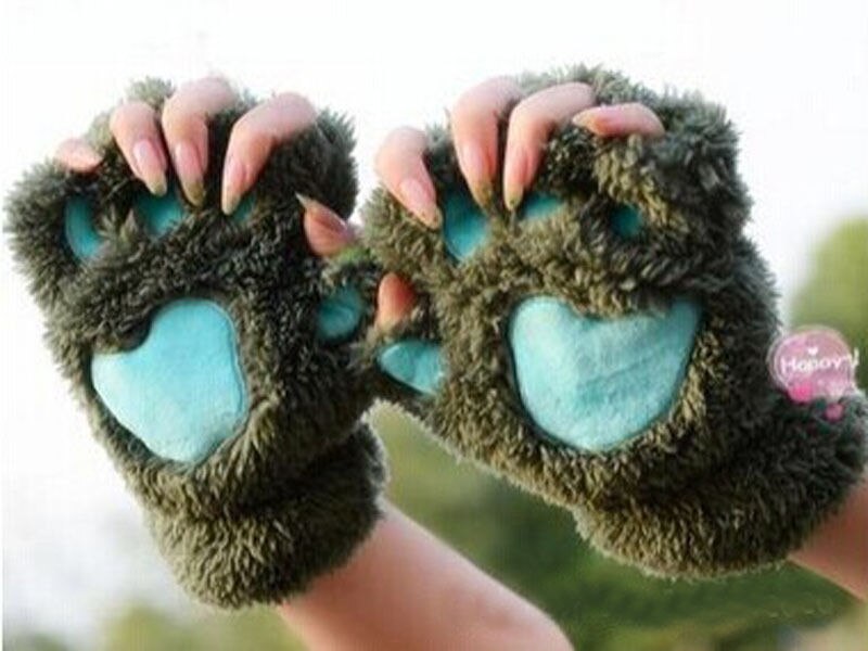 Winter Vrouwen Leuke Kat Claw Paw Pluche Wanten Korte Vingerloze Handschoenen Half Vinger Handschoenen: Army Green