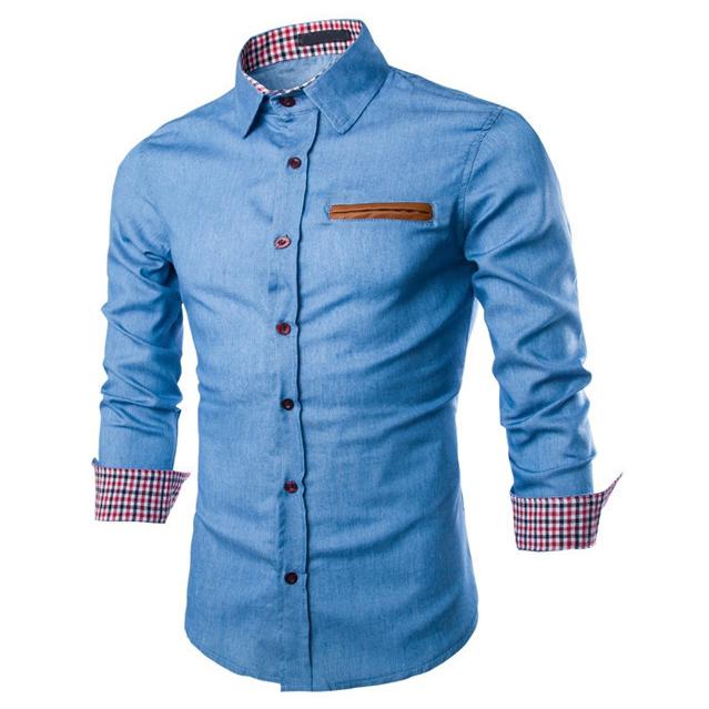 M~ 3xl imitert skinn lomme slank skjorte herre uformell sving-ned krage langermet skjorte knapp denim virksomhet skjorte: Blå / M