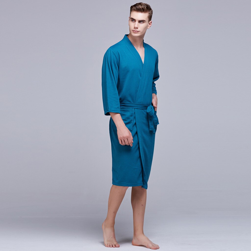 Summer Sleepwear Solid Blue Mid-length Waffle Thin Tunic Bathrobe Super Soft Flannel Coral Fleece Vintage Nightgowns#3