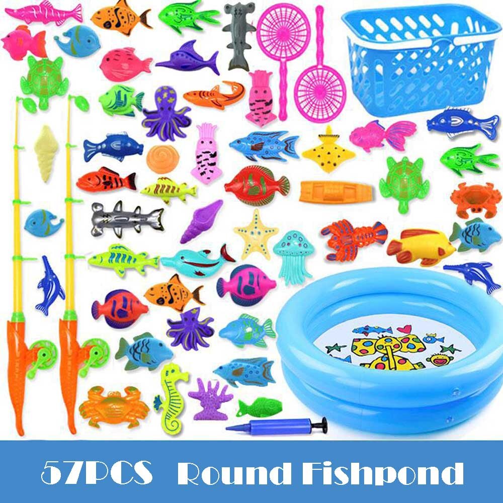 15-68PCS Kids Magnetic Fishing Toy Set Baby Water Toys with Inflatable Pool Magnet Fishing Rod Classic Toys for Children: 57pcs round pool