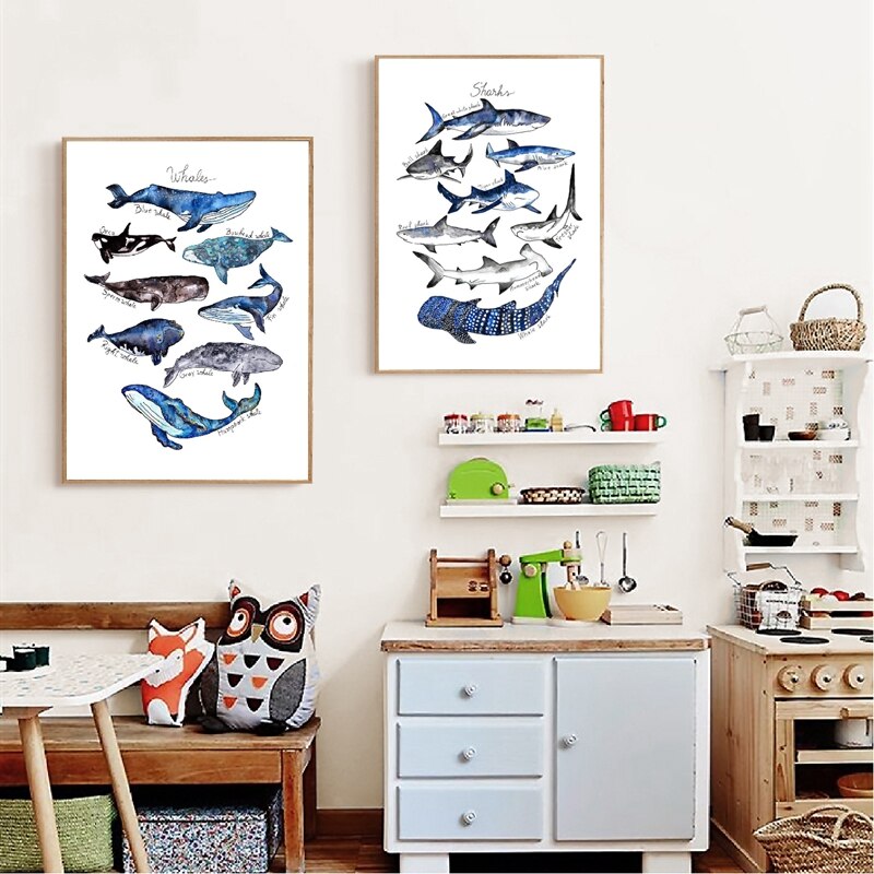 Whale Print Nursery Wall Art Shark Poster Beach Nautical Wall Picture Decor Retro poster kraft paper