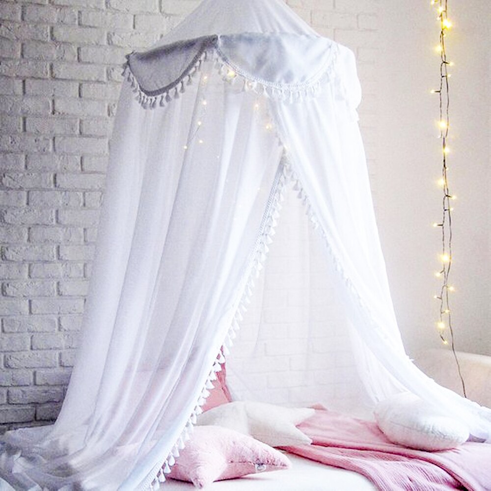 ¡Novedad de ! Encantadora cama para chico/bebé, dosel de borla Rosa, mosquitera, cortina, ropa de cama, tienda de cúpula redonda: Blanco