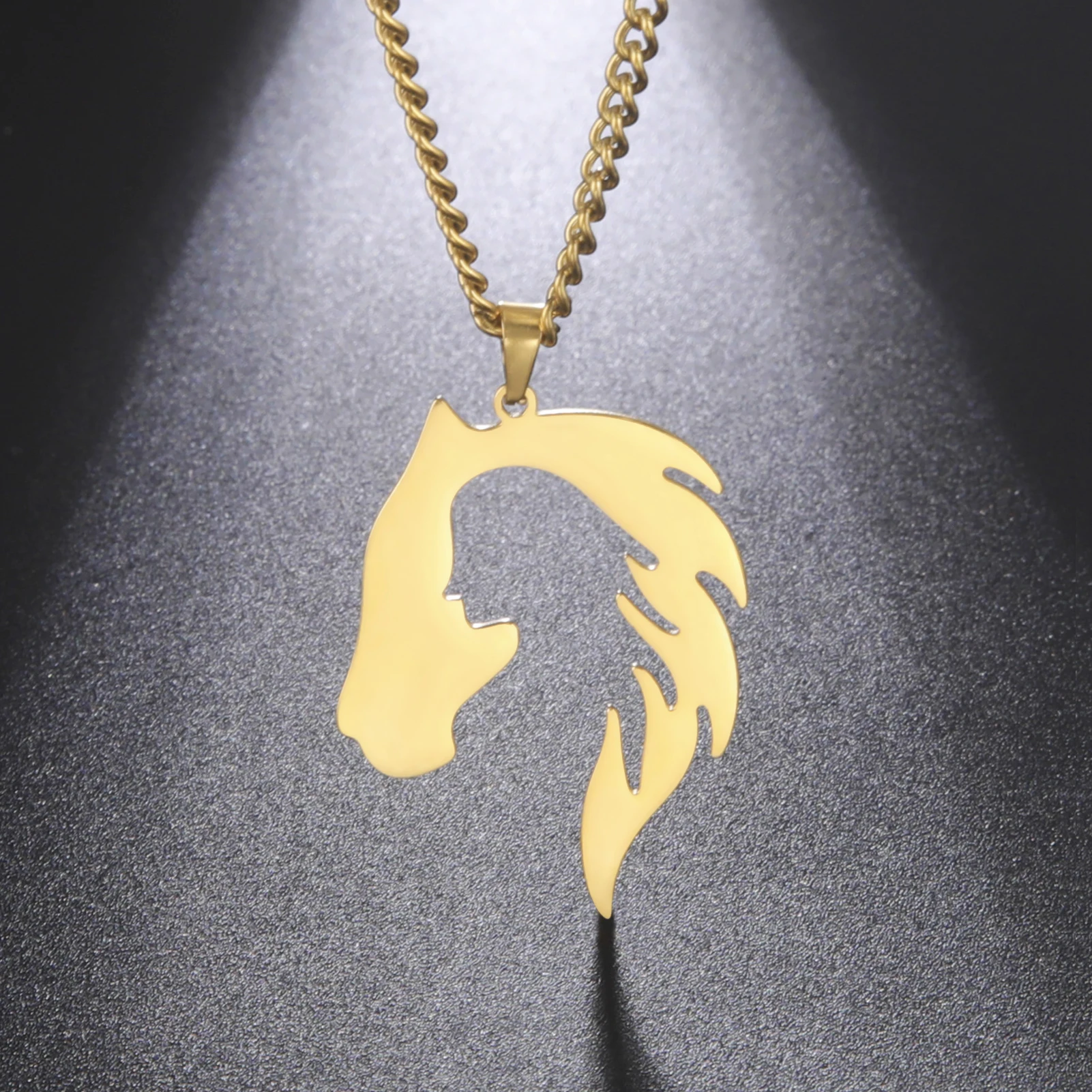 Horse Head Silhouette Girl Pendant Necklace Hollow Stainless Steel Choker for Women Jewelry