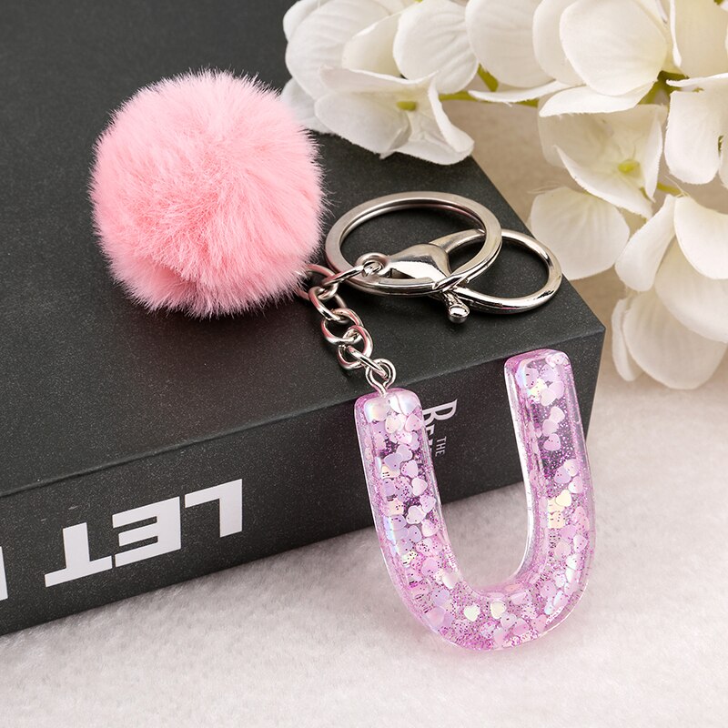 1 PC Sleutelhanger Roze Kleur Engels Brief Sleutelhanger met Puffer Bal 26 Engels woord Glitter Hars A TOT Q Handtas bedels voor Vrouw: BLACK PEARL