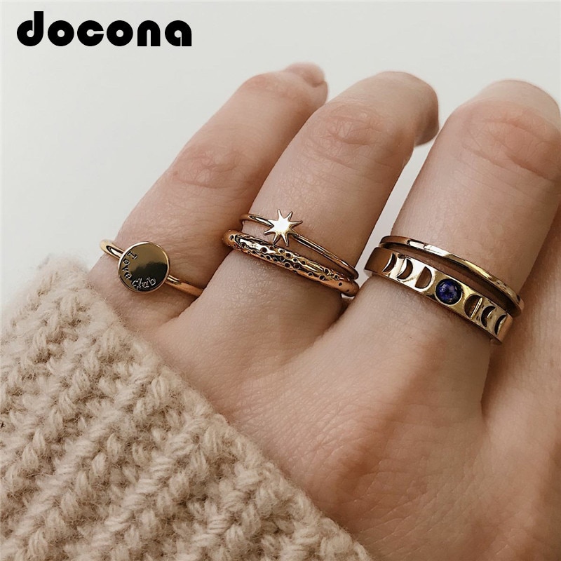 Docona Gothic Gold Farbe Stern Hohl Geometrische Ringe Set für Frauen Knuckle Midi Ring Engagement Ring Anillos Mujer 3778