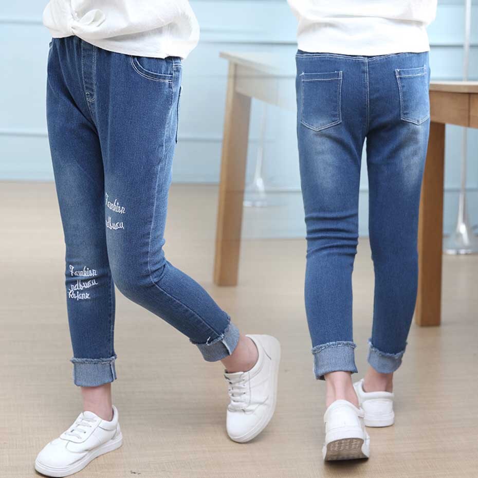 Jeans For Girls Letter Embroidery Girl Jeans Kids Elastic Waist Kids Jeans Pants Spring Autumn Casual Jeans Clothes For Girls