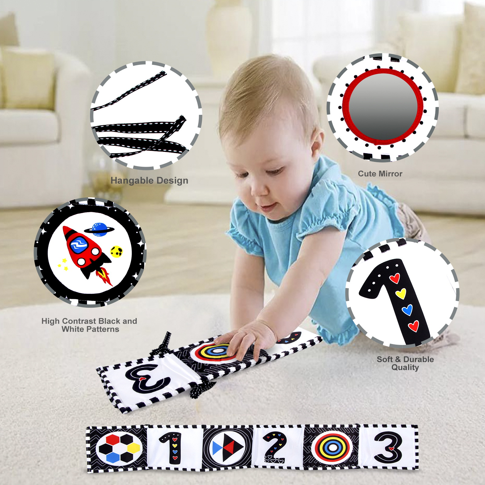 Libro de tela sensorial, juguetes para bebés de alto contraste de 0 a 12 meses, juguetes para cuna para recién nacidos, libros de tela de animales en blanco y negro, libro para bebés Montessori